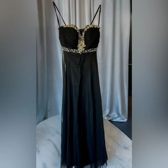 ✨Host Pick✨ BLACK CHIFFON PROM FORMAL EVENING GOWN WITH RHINESTONE ACCENTS 4 - Picture 15 of 16